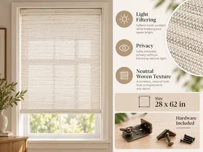 28" x 62" Natural Woven Wood Bamboo Roman Shade Window Blind Light Filtering - Thumbnail 1