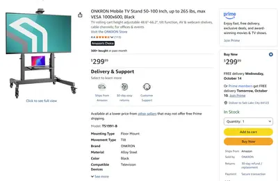 ONKRON Mobile TV Stand for 50"-100" max 265 lbs, Tilting, black TS1991 - Thumbnail 2