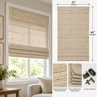 31" x 66" Natural Woven Wood Bamboo Roman Shade Window Blind Light Filtering - New - Real photo at TamDo.us