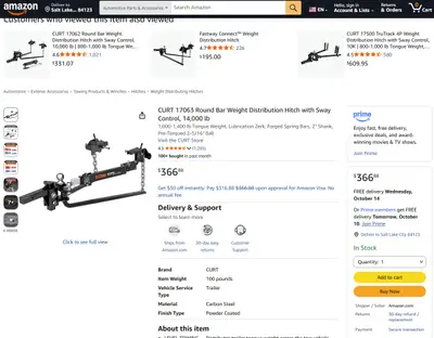 $366 CURT 17063 Round Bar Weight Distribution Hitch Sway Control 14000 lbs - Thumbnail 2