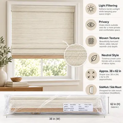38" x 62" Natural Woven Wood Bamboo Roman Shade Window Blind Light Filtering - Thumbnail 2