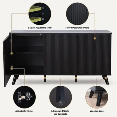 58" Black MDF Storage Cabinet $242 Buffet Sideboard Credenza Credenza Table - Thumbnail 5