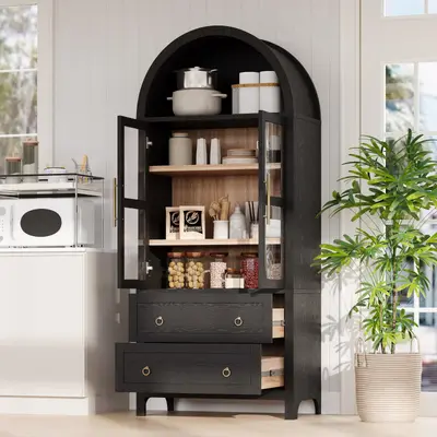 Arched $229 Kitchen Cabinet 71" Pantry w/ Glass Doors 2 Drawers Wood Furniture - New - Real photo at TamDo.us