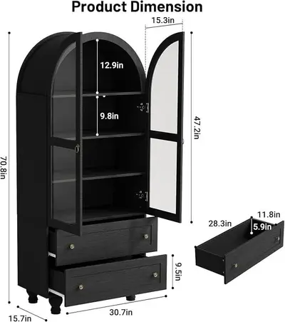 Arched Kitchen Cabinet $229 71"  Pantry w/ Glass Doors 2 Drawers Wood Furniture - Thumbnail 3