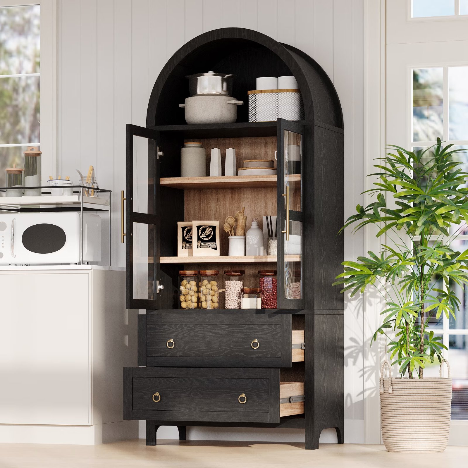 Arched Kitchen Cabinet $229 71" Pantry w/ Glass Doors 2 Drawers Wood Furniture - Photo 1 - Real photo at TamDo.us
