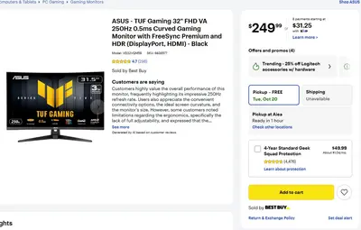 ASUS TUF $249 Gaming Monitor VG32VQM5B 32" FHD 1080p 240Hz 1ms Curved FreeSync - Thumbnail 2