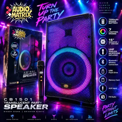 Audio Matrix CB1501 15" Translucent Bluetooth Party Speaker Wireless Mic & Stand - Excellent - Real photo at TamDo.us