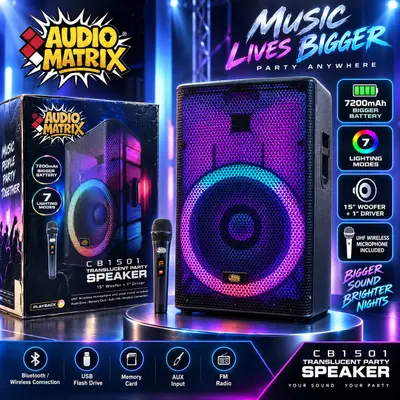 Audio Matrix CB1501 15" Translucent Bluetooth Party Speaker Wireless Mic & Stand - Thumbnail 2