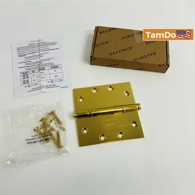 Baldwin 4.5” Ball Bearing Door Hinge – Square Corner, Satin Brass - Thumbnail 1