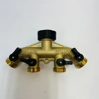 Brass 4 Way Garden Hose Splitter w/ Individual Valves - Thumbnail 2