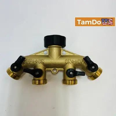 Brass 4 Way Garden Hose Splitter w/ Individual Valves - New - Real photo at TamDo.us