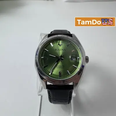Bulova $450 Surveyor 96B427 Green Dial Leather Automatic Men's Watch 39mm - Good - Real photo at TamDo.us