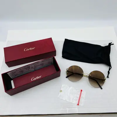 CARTIER Gold Brown Round Rimless Sunglasses - Thumbnail 8