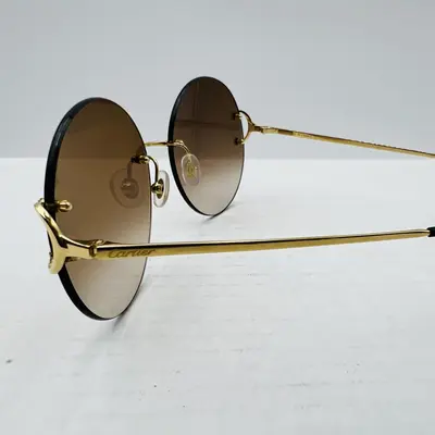 CARTIER Gold Brown Round Rimless Sunglasses - Thumbnail 6