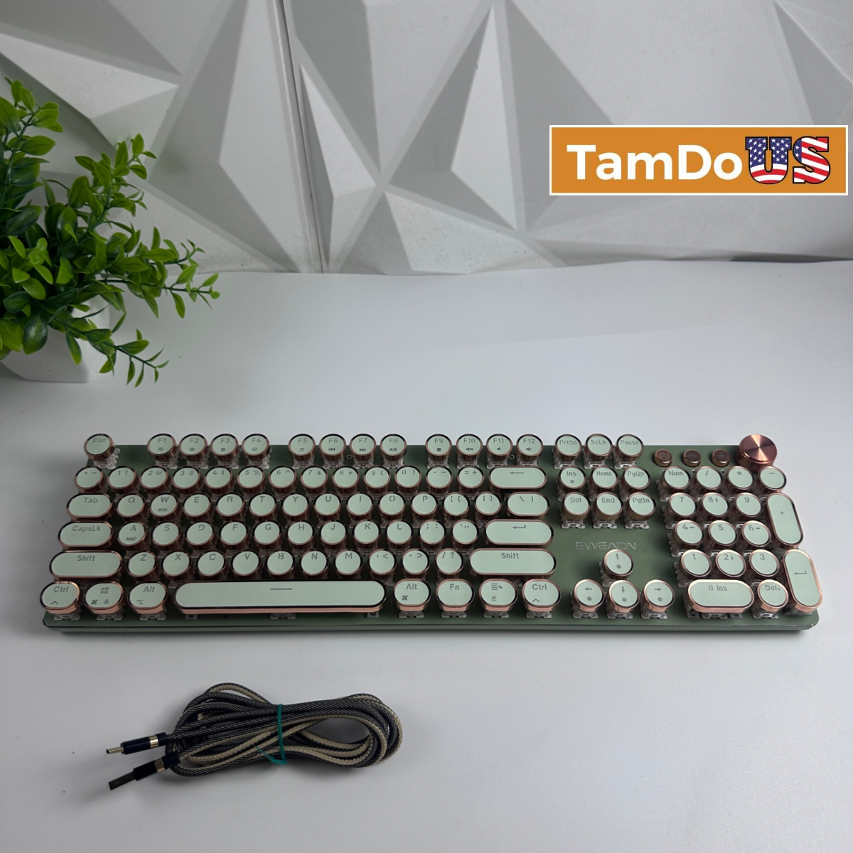 EWEADN V20 Retro Typewriter Mechanical Keyboard Round Keycaps Volume Knob Green - Photo 1 - Real photo at TamDo.us