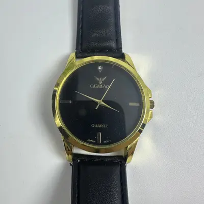 Geneva Quartz Womens Watch Gold Tone Case Black Dial Leather Strap Japan Movt - Thumbnail 2