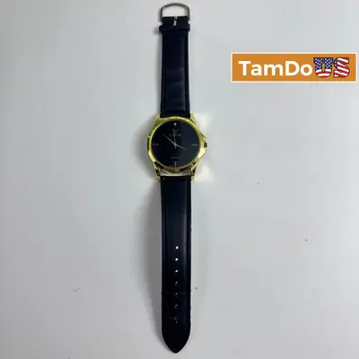 Geneva Quartz Womens Watch Gold Tone Case Black Dial Leather Strap Japan Movt - Thumbnail 1