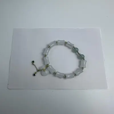 Handmade Frosted Glass Bead Bracelet with Jade Accents, Gold Tone Clasp - Thumbnail 4