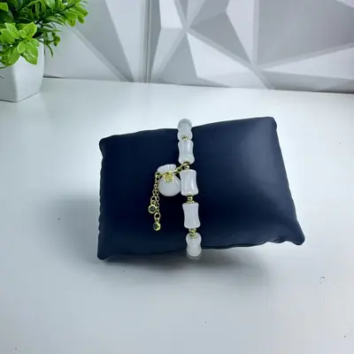 Handmade Frosted Glass Bead Bracelet with Jade Accents, Gold Tone Clasp - Thumbnail 2