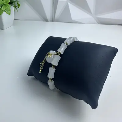 Handmade Frosted Glass Bead Bracelet with Jade Accents, Gold Tone Clasp - Thumbnail 5