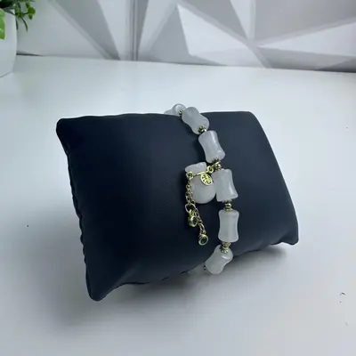 Handmade Frosted Glass Bead Bracelet with Jade Accents, Gold Tone Clasp - Thumbnail 3