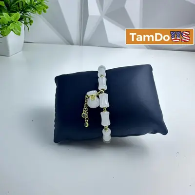 Handmade Frosted Glass Bead Bracelet with Jade Accents, Gold Tone Clasp - New Open Box - Real photo at TamDo.us