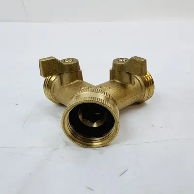 Heavy Duty Brass Y-Splitter Hose Connector with Dual Shut-Off Valves - Thumbnail 4