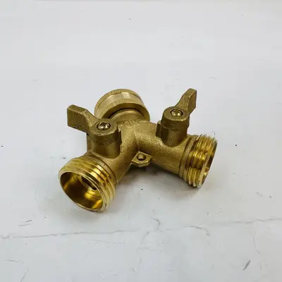 Heavy Duty Brass Y-Splitter Hose Connector with Dual Shut-Off Valves - Thumbnail 2