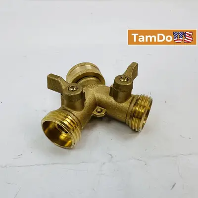 Heavy Duty Brass Y-Splitter Hose Connector with Dual Shut-Off Valves - New - Real photo at TamDo.us