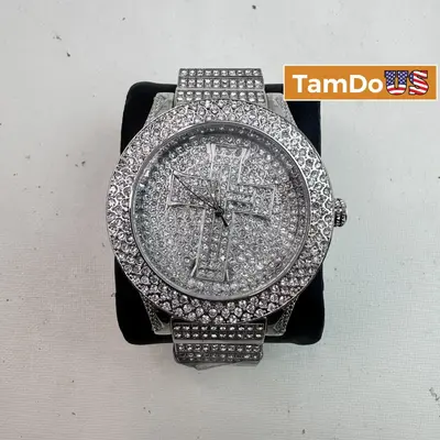 Iced Out Cross Watch 41mm Gold-Tone Quartz - Thumbnail 1