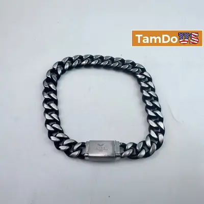 LYNX Mens Two-Tone Black Silver Stainless Steel Curb Cuban Link Bracelet 9.5" - Excellent - Real photo at TamDo.us