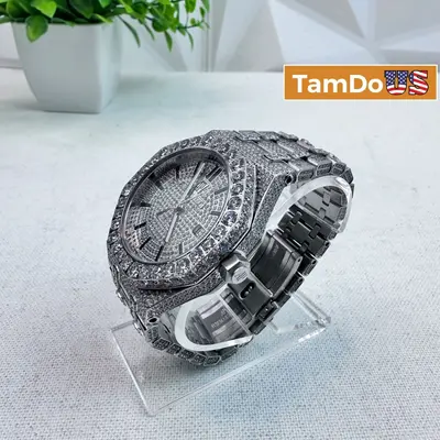 Men’s Luxury Iced Moissanite Watch Silver Tone Full Stone Set Quartz - Excellent - Real photo at TamDo.us