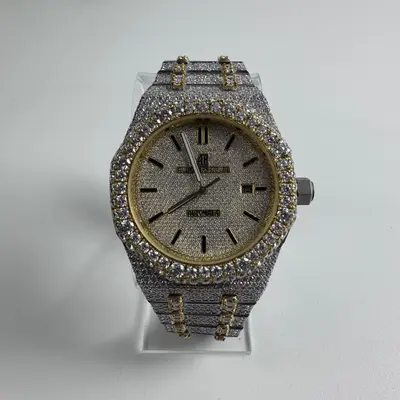 Men's Royal Oak Style Iced Out Automatic Watch Two-Tone Gold CZ Simulated - Thumbnail 2