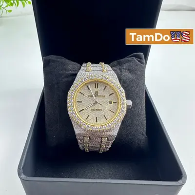Men's Royal Oak Style Iced Out Automatic Watch Two-Tone Gold CZ Simulated - Thumbnail 1
