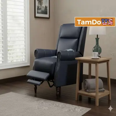 Midnight Blue Recliner Armchair, Nailhead Trim, Comfortable Lounge Chair - New - Real photo at TamDo.us