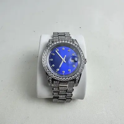 Moissanite Presidential Watch 41mm, Blue Dial, 13.3CT VVS, White Gold Auto - Thumbnail 6