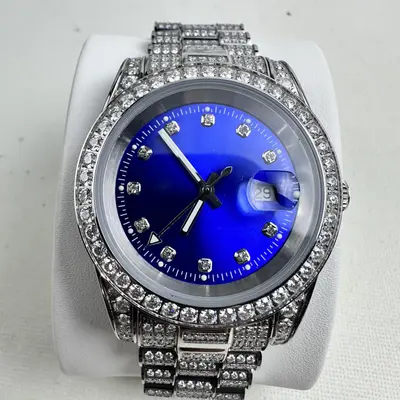 Moissanite Presidential Watch 41mm, Blue Dial, 13.3CT VVS, White Gold Auto - Thumbnail 2