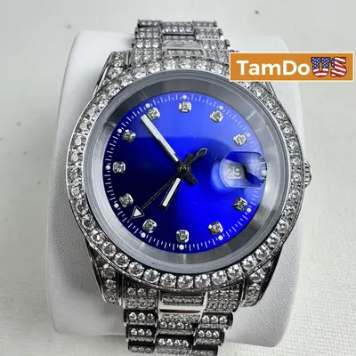 Moissanite Presidential Watch 41mm, Blue Dial, 13.3CT VVS, White Gold Auto - Thumbnail 1