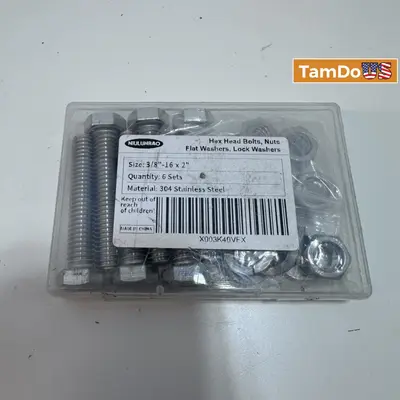 Niulunbao Hex Head Bolts, Nuts, Flat Washers, Lock Washers 3/8"-16x2", 6 Sets - Thumbnail 1