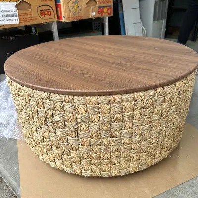 Round Woven Natural Fiber Coffee Table, 31.5" Walnut Top, Modern Boho - Thumbnail 5