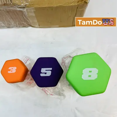 Set of 3 Pairs Neoprene Dumbbells with Rack – 3lb, 5lb, 8lb - New - Real photo at TamDo.us