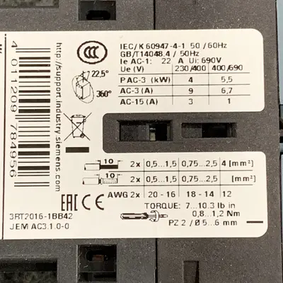 SIEMENS 3RT2016-1BB42 Contactor, 3-pole, 9A - Thumbnail 4