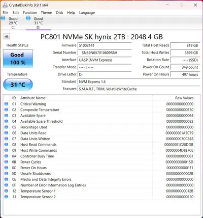 SK hynix PC801 2TB NVMe PCIe Gen4 x4 M.2 2280 SSD | 100% Health, 497 Hours - Thumbnail 3