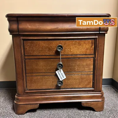 Solid Wood Nightstand CM750NSO – 3 Drawers, Heavy, High-End Walnut Finish - New Open Box - Real photo at TamDo.us