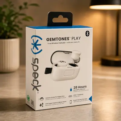 Speck Gemtones Play True Wireless Earbuds Volume Limiter IPX5 White 28H Battery - Thumbnail 1