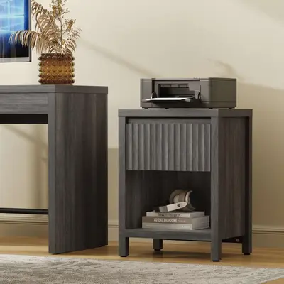 SICOTAS Tall Farmhouse Nightstand, Black Oak, Drawer & Shelf - Thumbnail 8