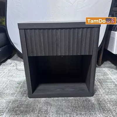 SICOTAS Tall Farmhouse Nightstand, Black Oak, Drawer & Shelf - Thumbnail 2