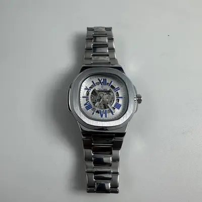 Tevise Mens Automatic Mechanical Watch Silver Skeleton Blue Roman Numerals Steel - Thumbnail 2