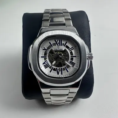 Tevise Mens Automatic Mechanical Watch Silver Skeleton Blue Roman Numerals Steel - Thumbnail 6