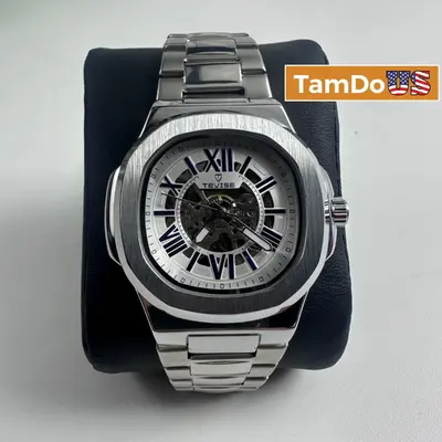 Tevise Mens Automatic Mechanical Watch Silver Skeleton Blue Roman Numerals Steel - Thumbnail 1